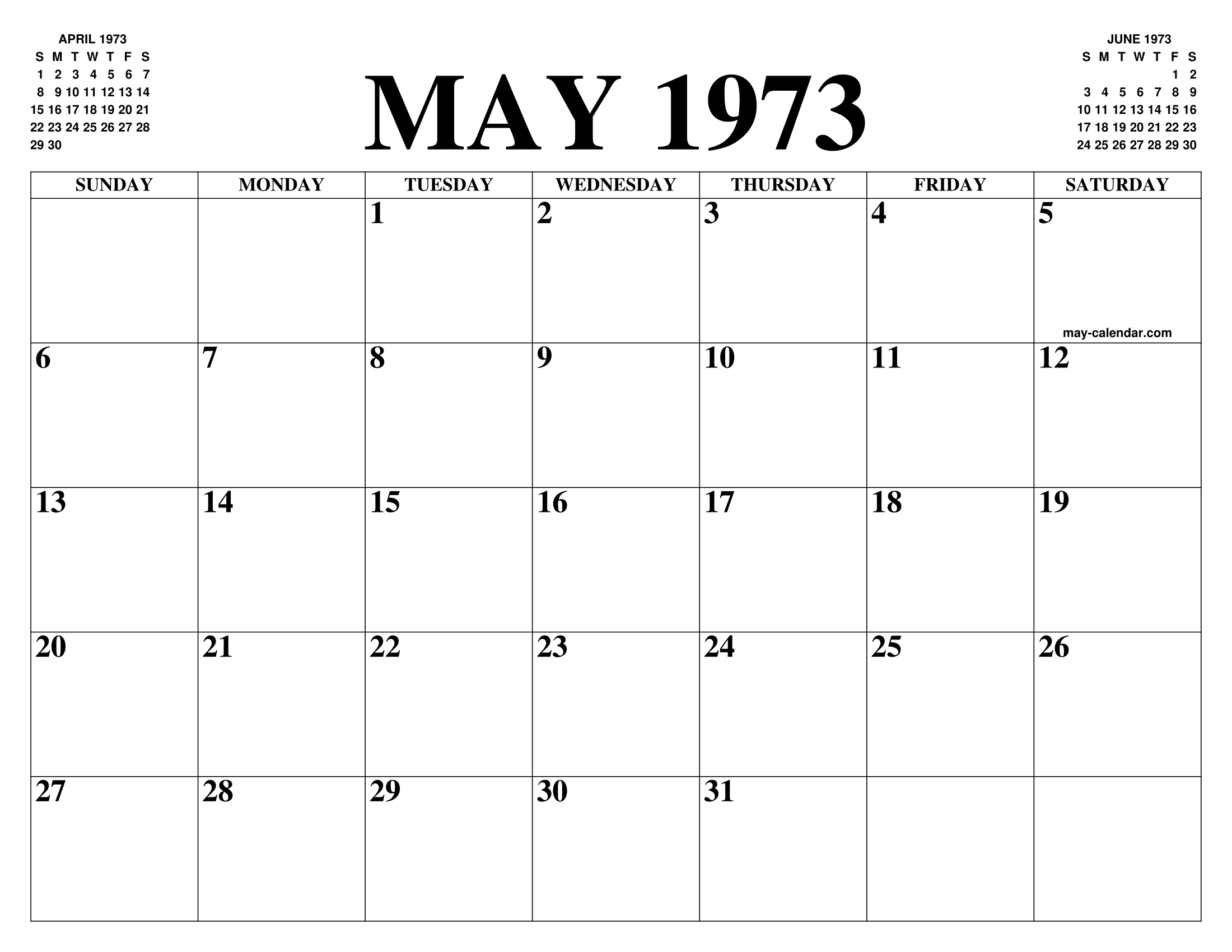 MAY 1973 CALENDAR OF THE MONTH: FREE PRINTABLE MAY CALENDAR OF THE YEAR -  AGENDA