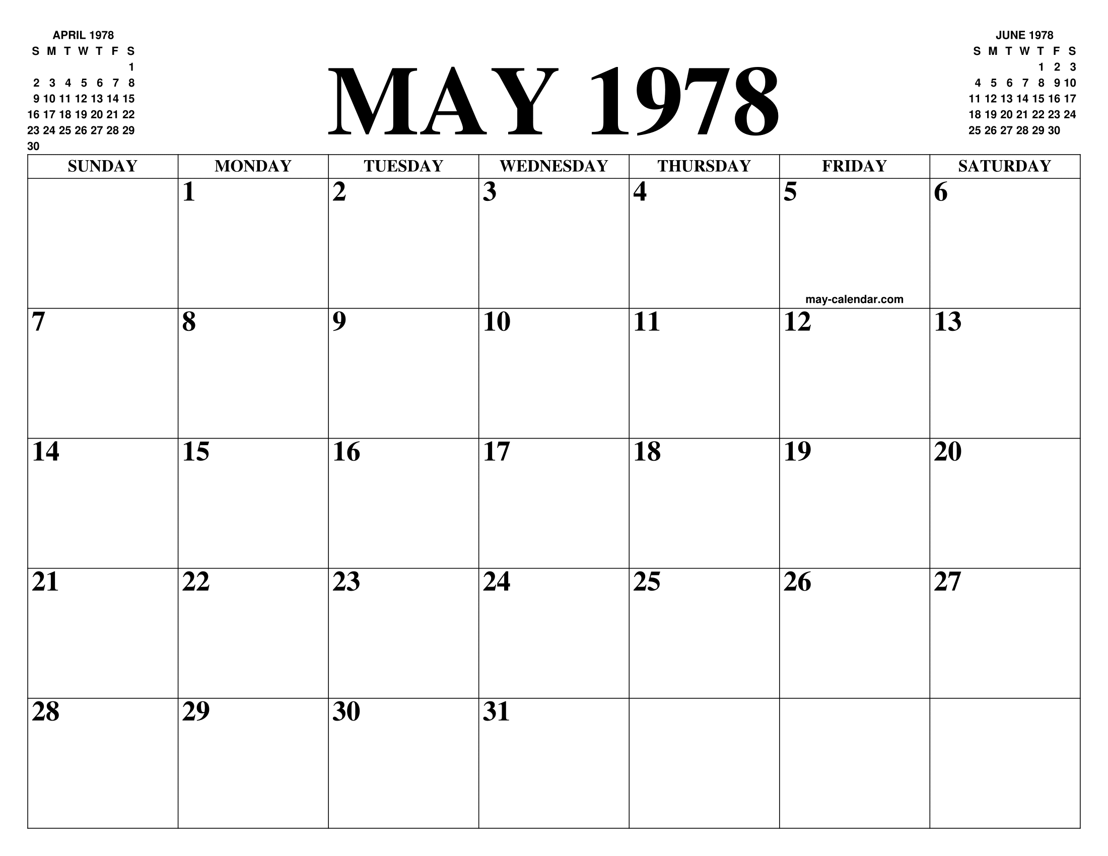 MAY 1978 CALENDAR OF THE MONTH: FREE PRINTABLE MAY CALENDAR OF THE YEAR