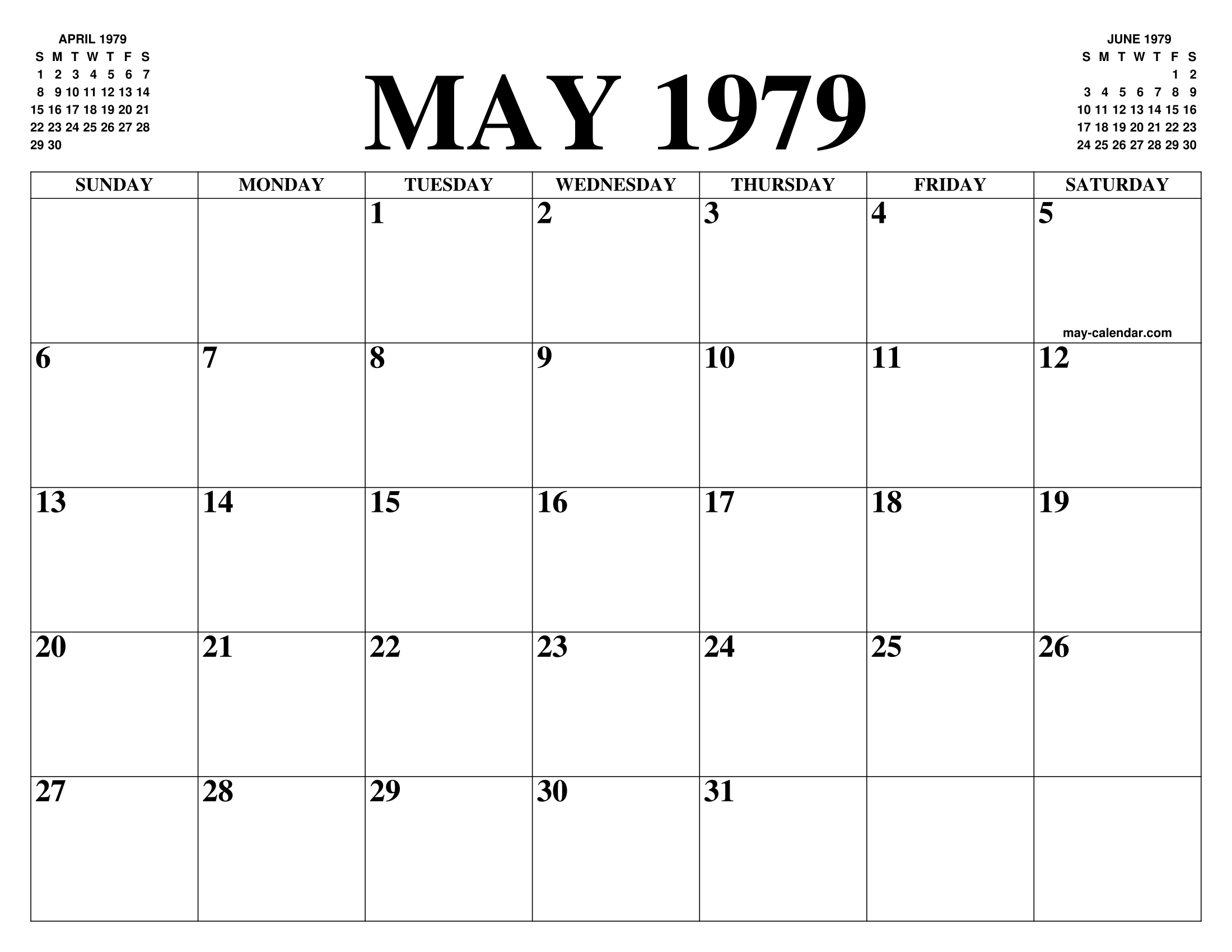 MAY 1979 CALENDAR OF THE MONTH: FREE PRINTABLE MAY CALENDAR OF THE YEAR - AGENDA