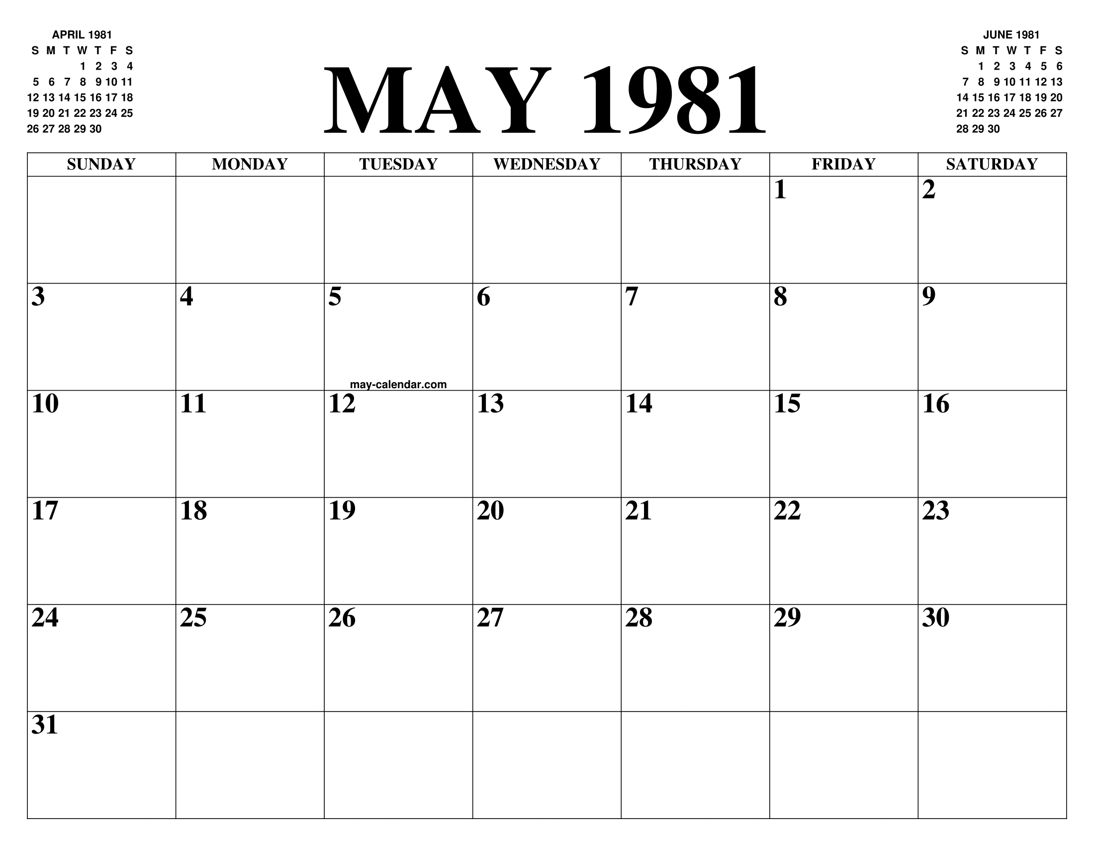 MAY 1981 CALENDAR OF THE MONTH FREE PRINTABLE MAY CALENDAR OF THE YEAR MAY 1981 CALENDAR OF THE MONTH FREE PRINTABLE MAY CALENDAR OF THE YEAR
