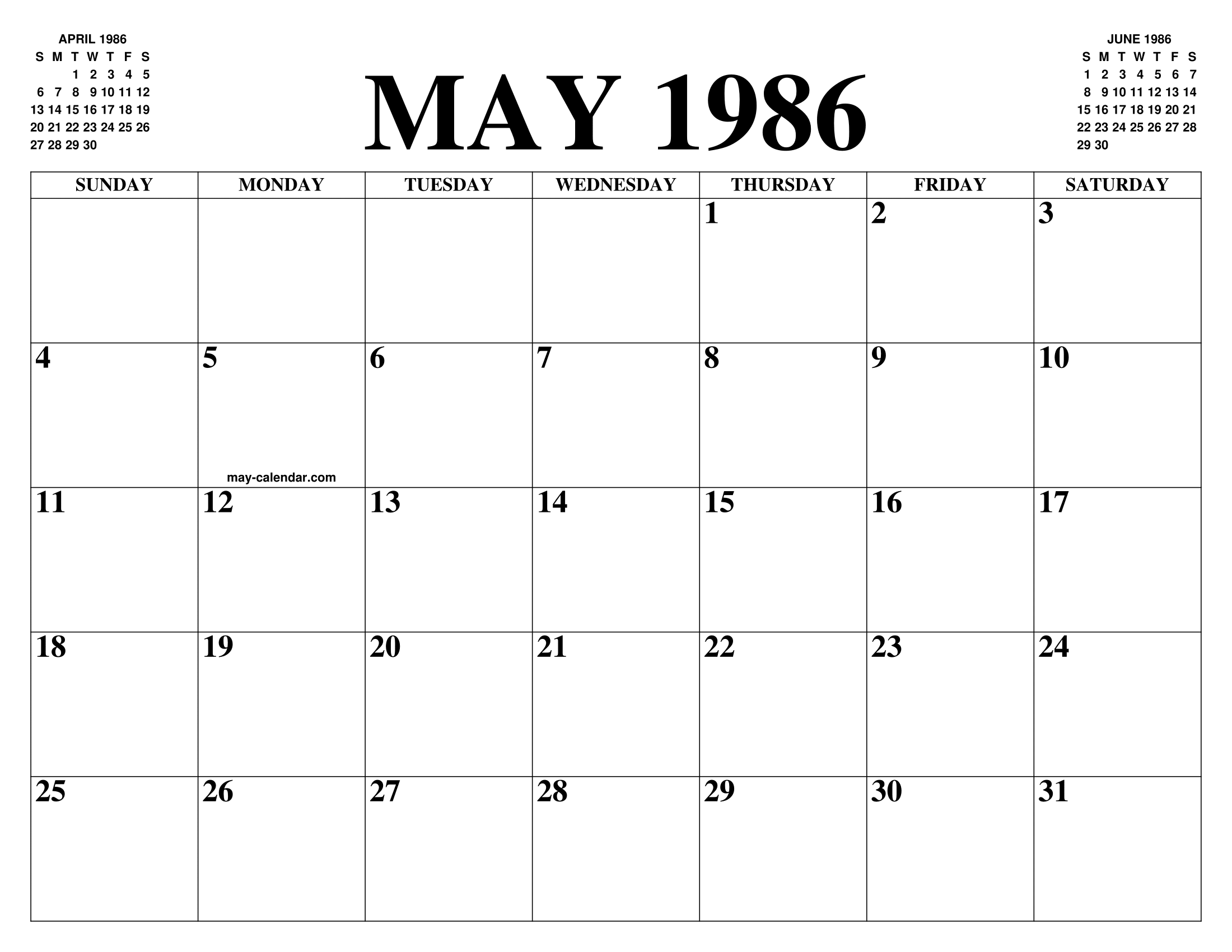 MAY 1986 CALENDAR OF THE MONTH: FREE PRINTABLE MAY CALENDAR OF THE YEAR -  AGENDA