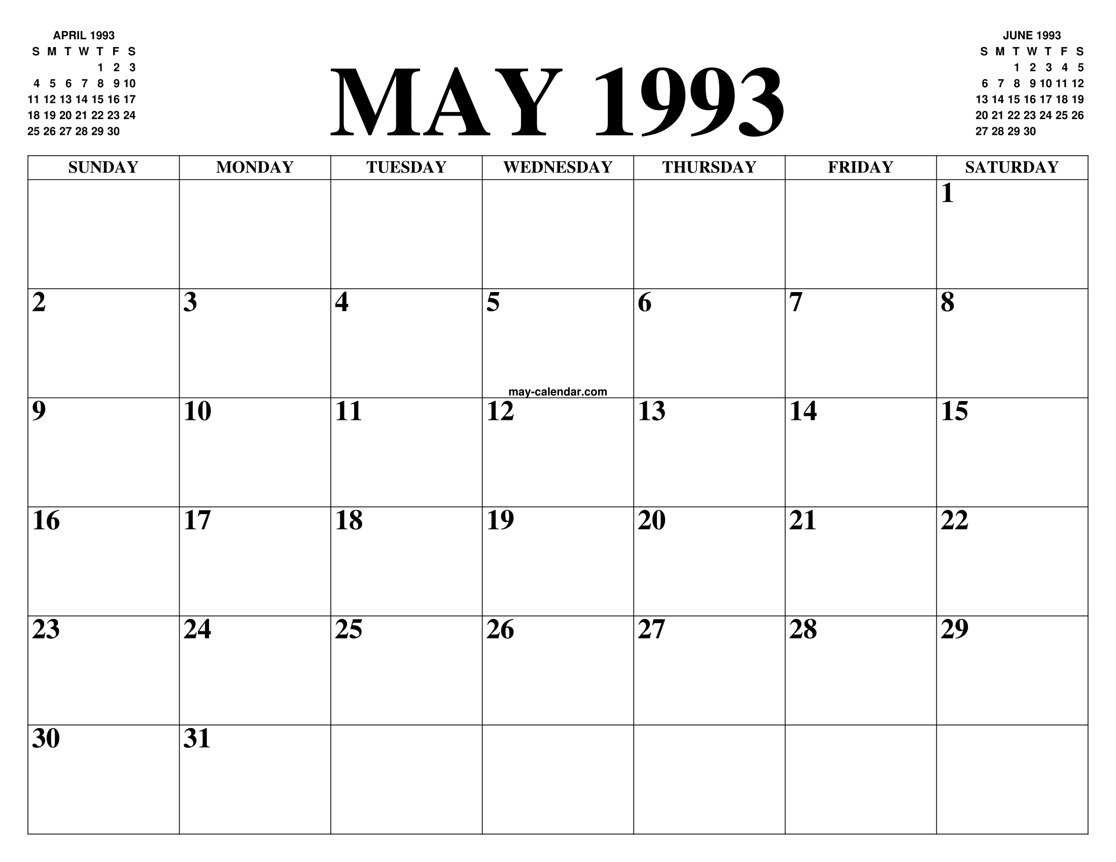 MAY 1993 CALENDAR OF THE MONTH: FREE PRINTABLE MAY CALENDAR OF THE YEAR -  AGENDA