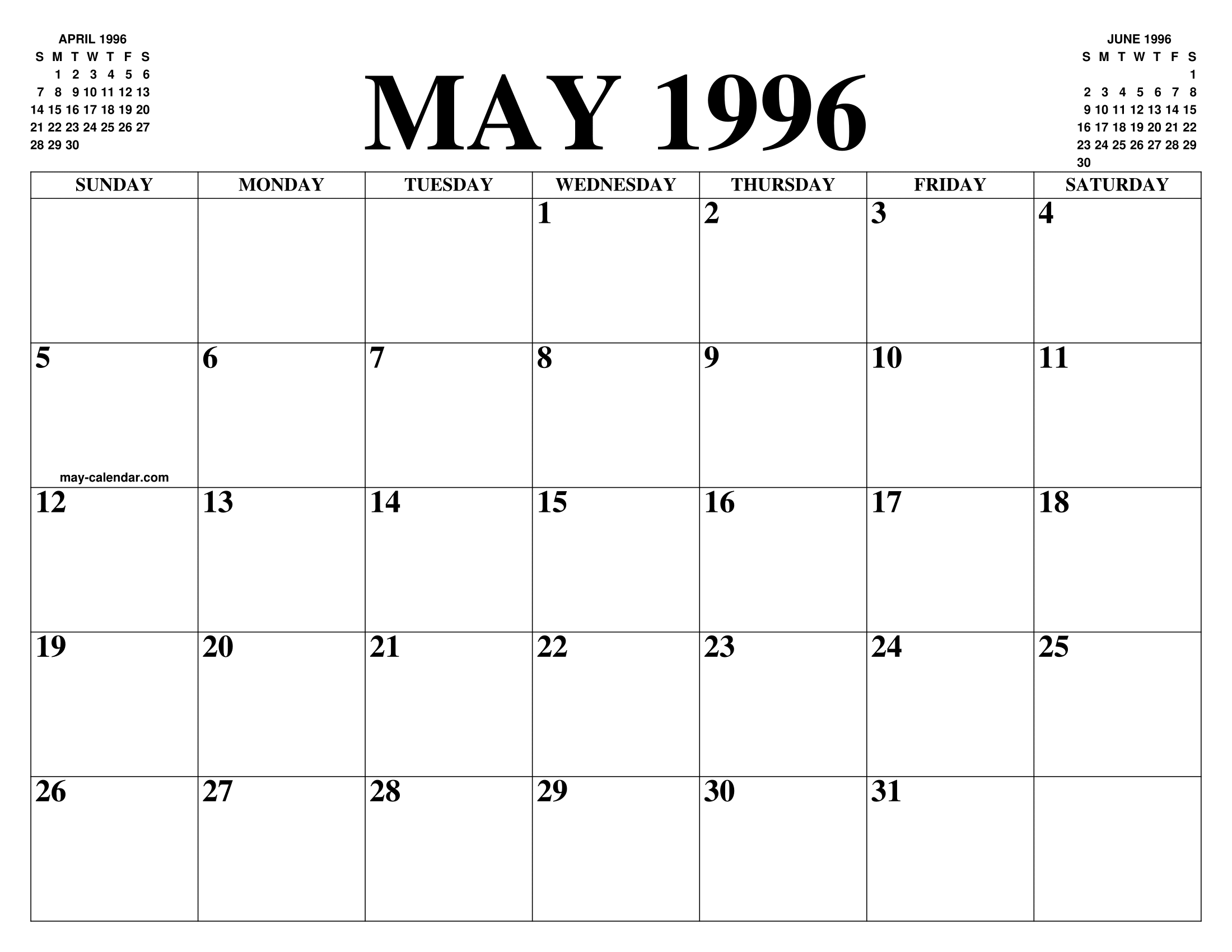 MAY 1996 CALENDAR OF THE MONTH: FREE PRINTABLE MAY CALENDAR OF THE YEAR -  AGENDA