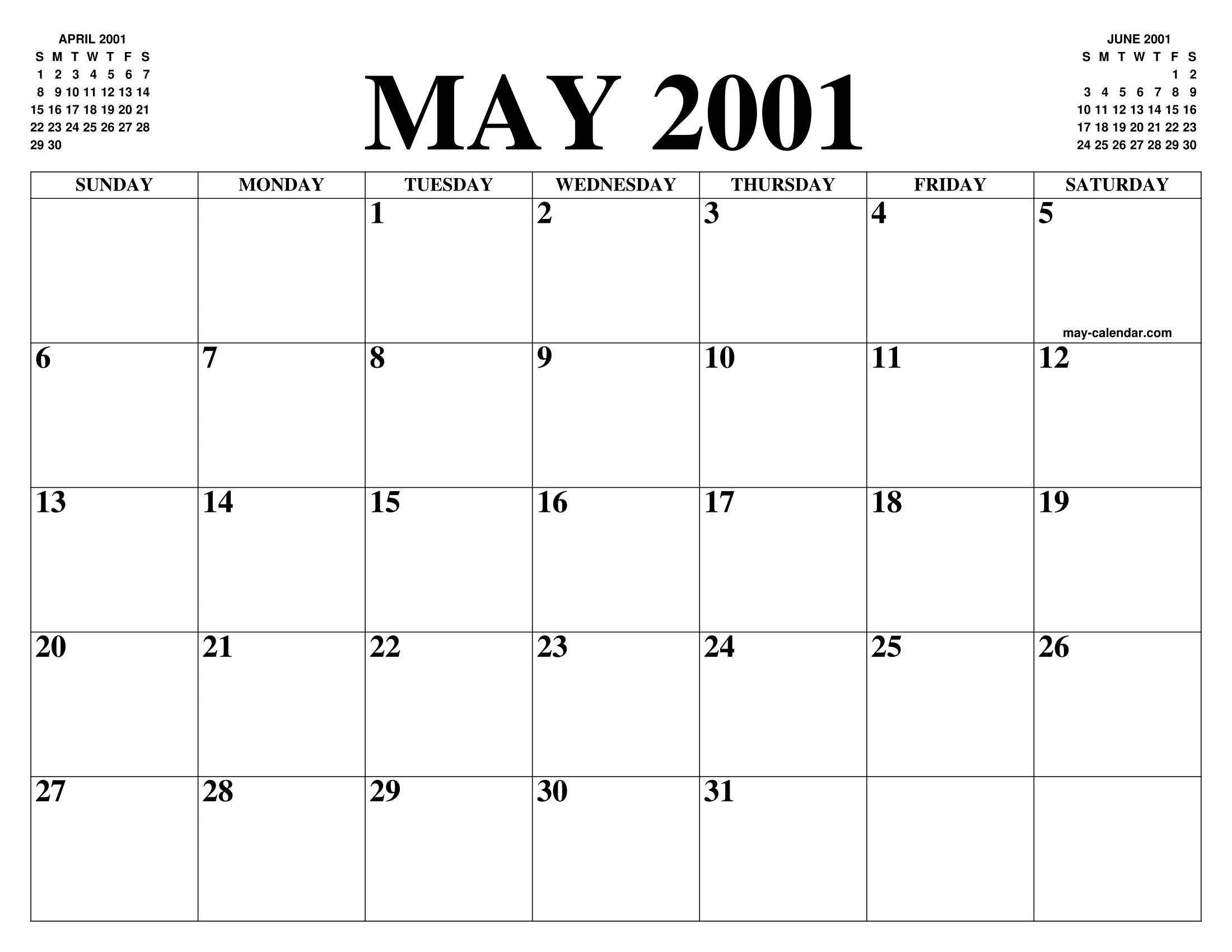 MAY 2001 CALENDAR OF THE MONTH: FREE PRINTABLE MAY CALENDAR OF THE YEAR - AGENDA