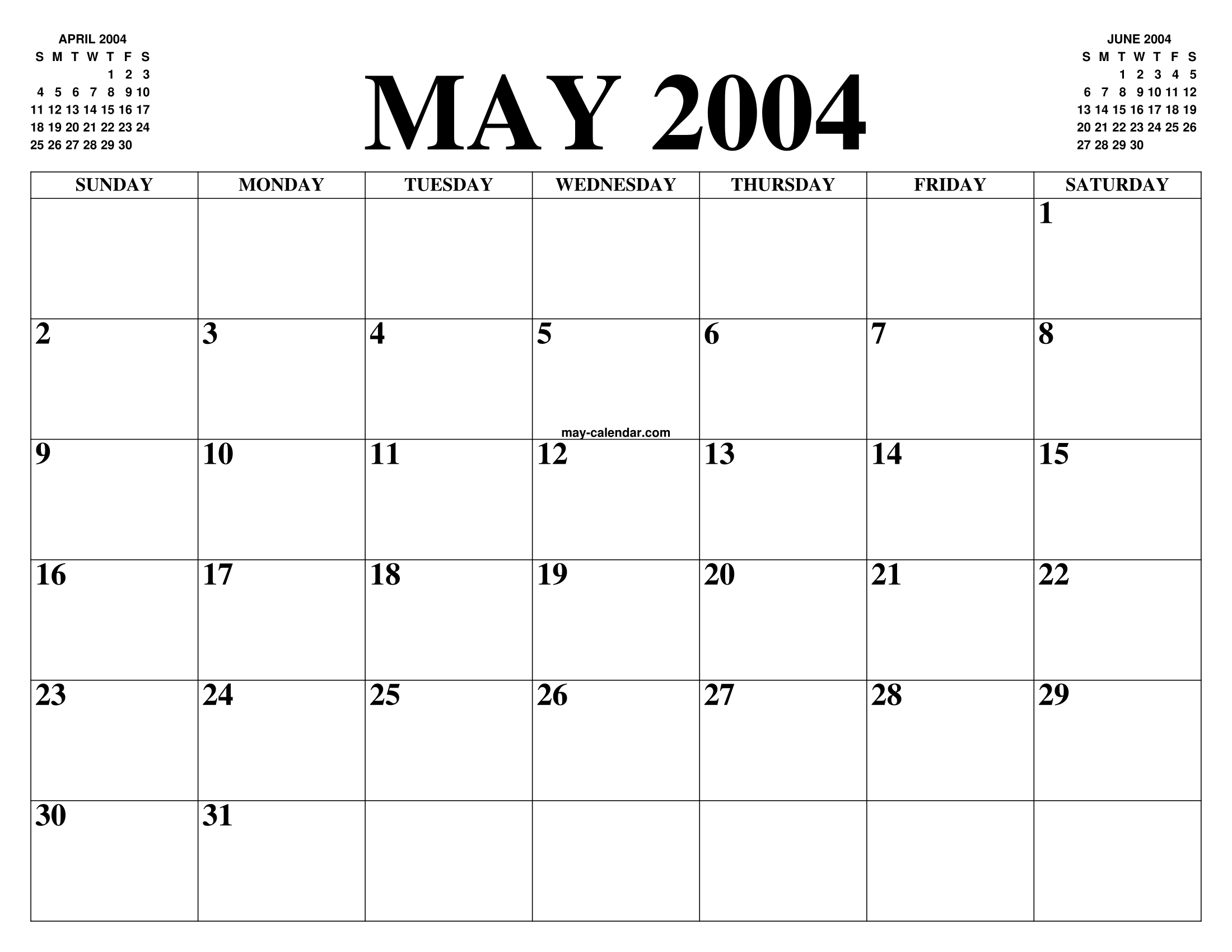 MAY 2004 CALENDAR OF THE MONTH: FREE PRINTABLE MAY CALENDAR OF THE YEAR