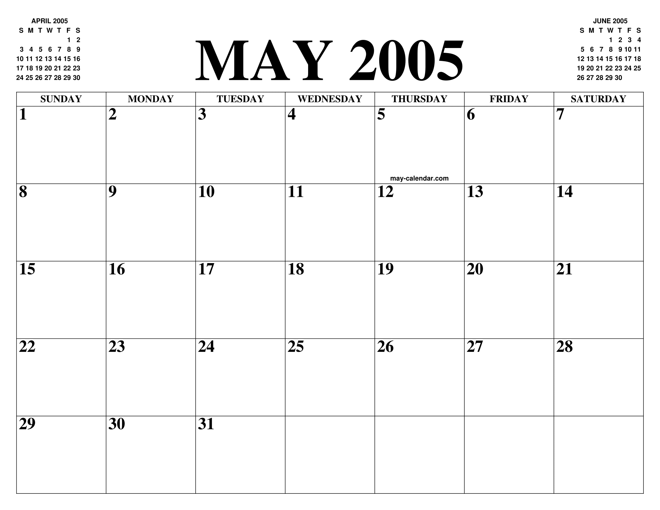 MAY 2005 CALENDAR OF THE MONTH: FREE PRINTABLE MAY CALENDAR OF THE YEAR -  AGENDA, image size:2200x1700