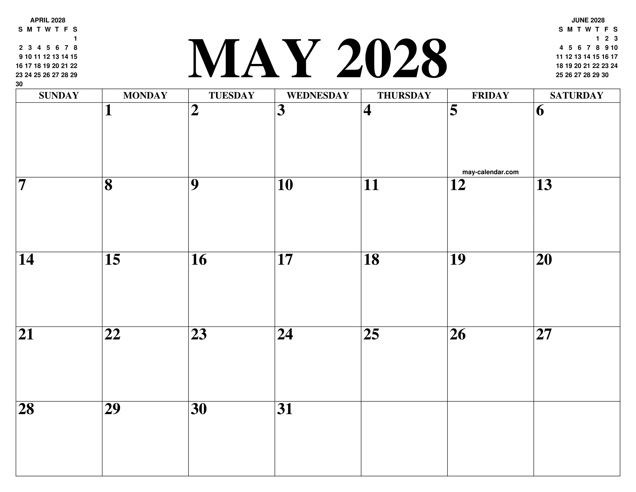MAY 2028 CALENDAR OF THE MONTH: FREE PRINTABLE MAY CALENDAR OF THE YEAR -  AGENDA