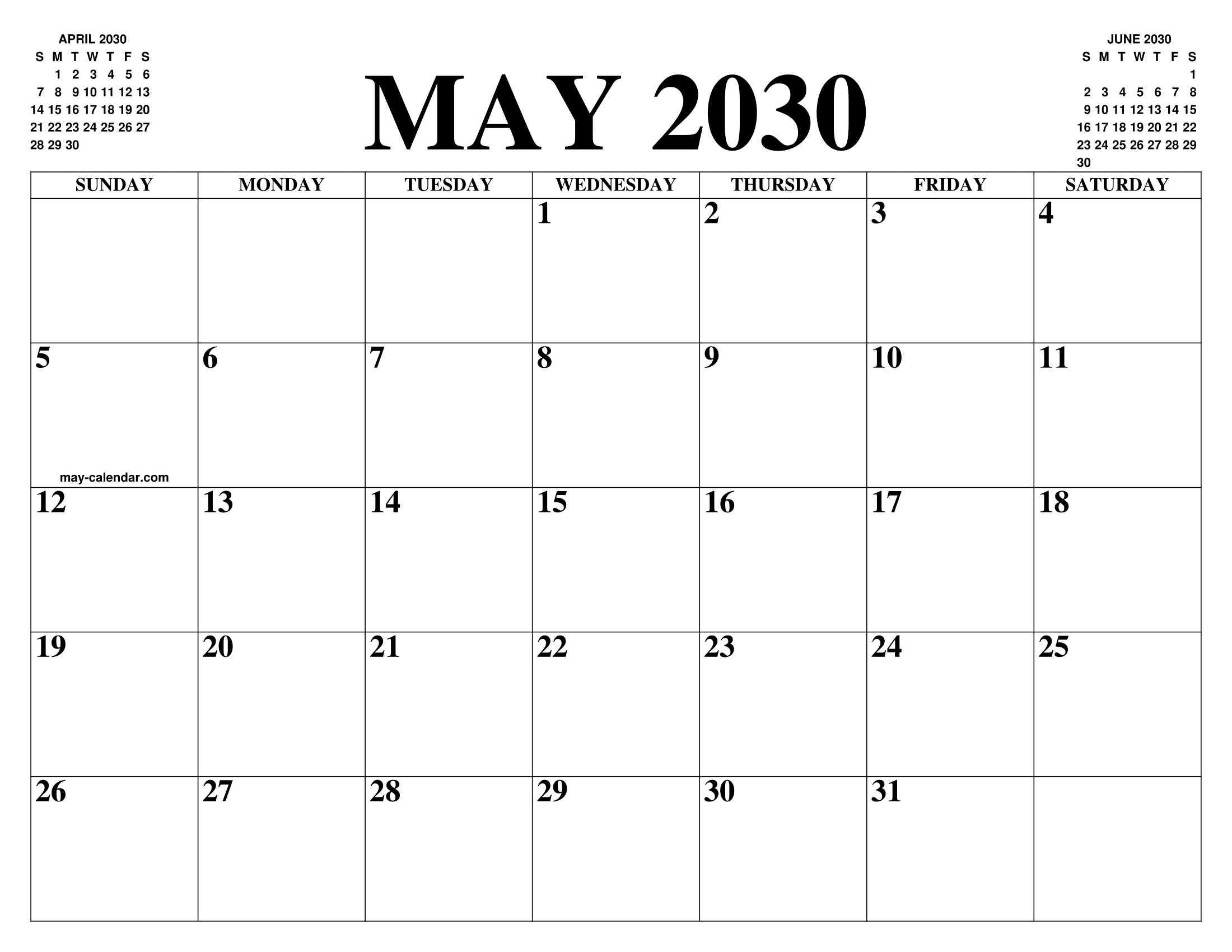MAY 2030 CALENDAR OF THE MONTH: FREE PRINTABLE MAY CALENDAR OF THE YEAR - AGENDA