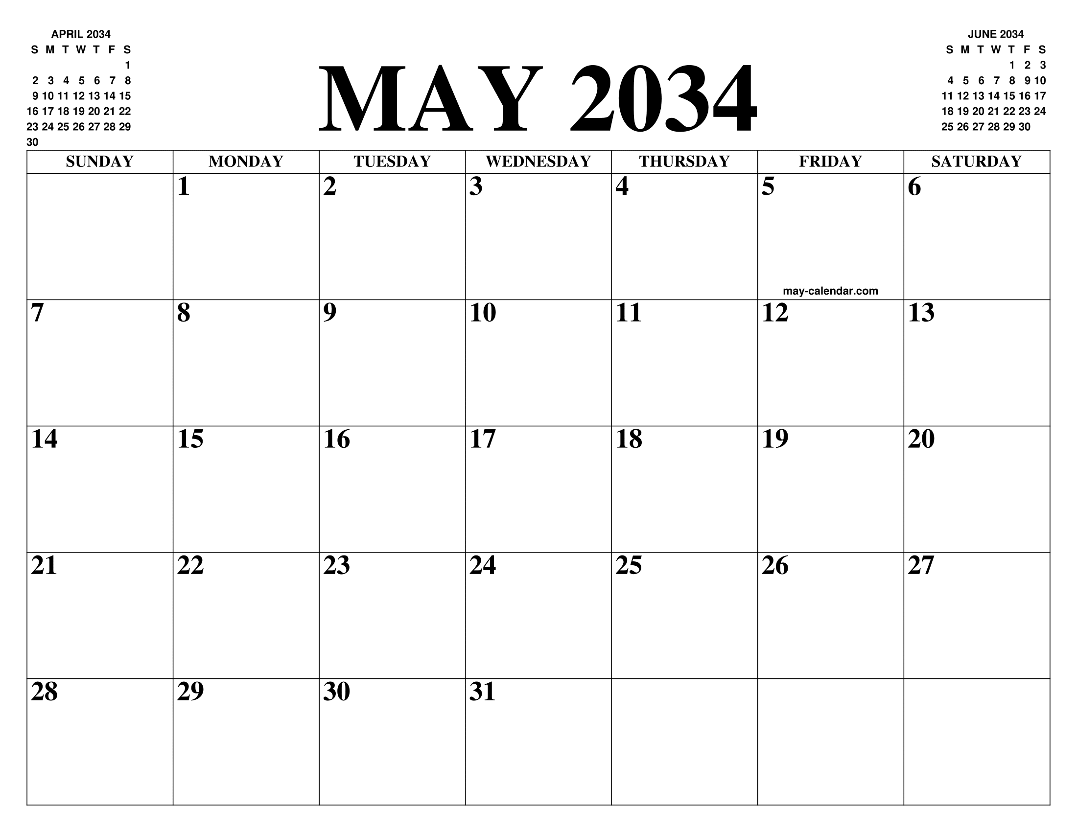 MAY 2034 CALENDAR OF THE MONTH: FREE PRINTABLE MAY CALENDAR OF THE YEAR - AGENDA